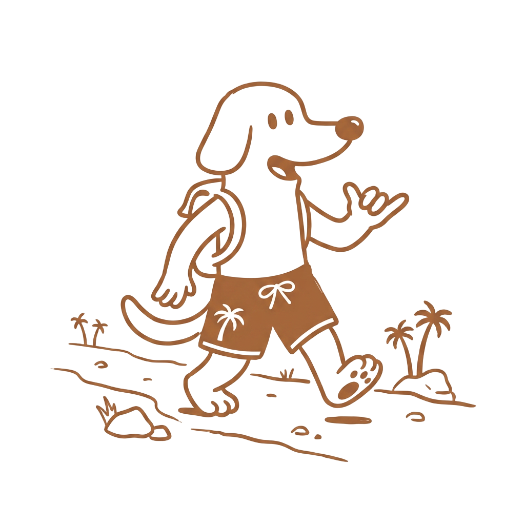 The What Up Dog mascot hiking a trail with a small backpack